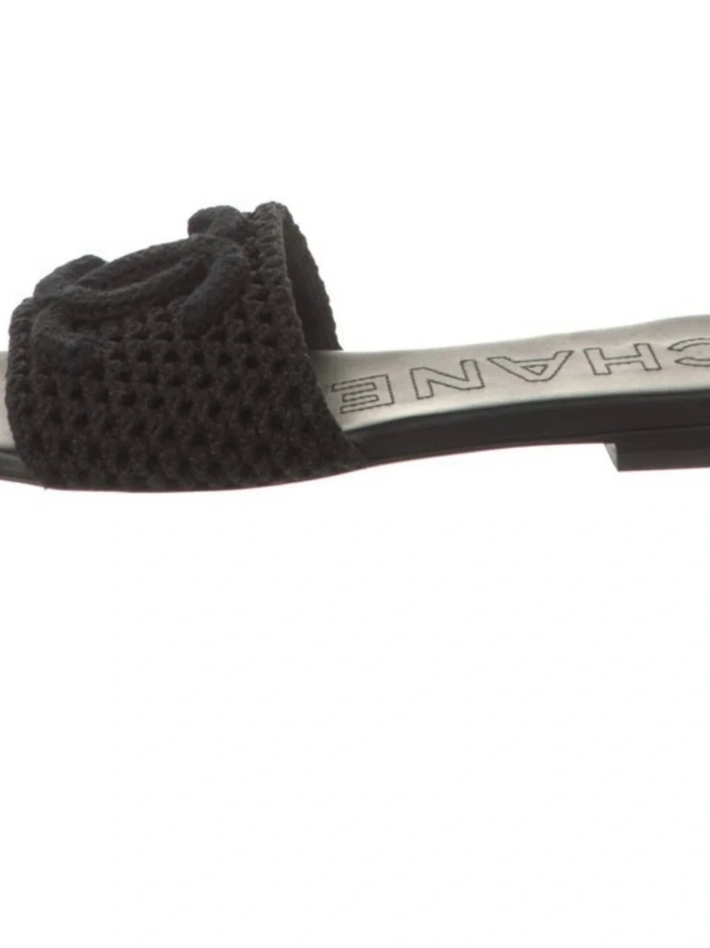 CHANEL Black Crochet Slide Mules with Interlocking CC